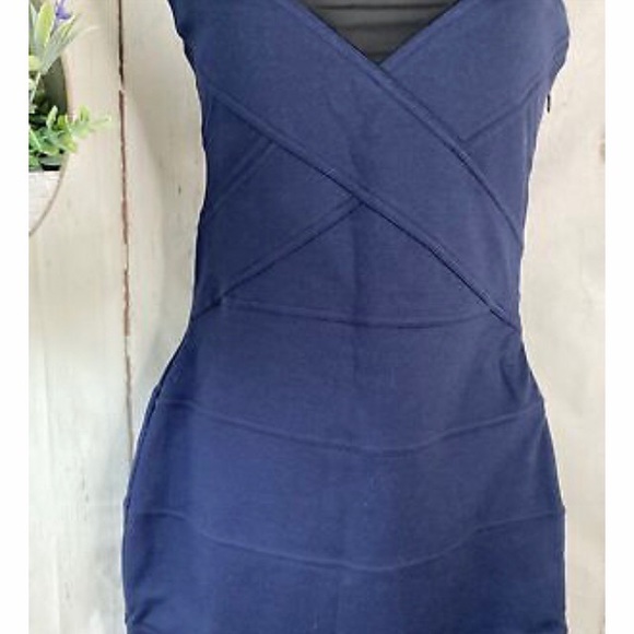 Express Navy with Black Sheer Accent Body Con Dress  Flattering Seaming Detail - Picture 5 of 10